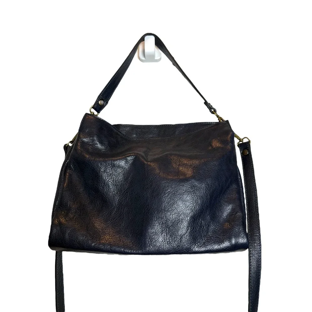Sundance Leather Hobo Shoulder Bag Navy Blue Made in Italy Convertible Crossbody